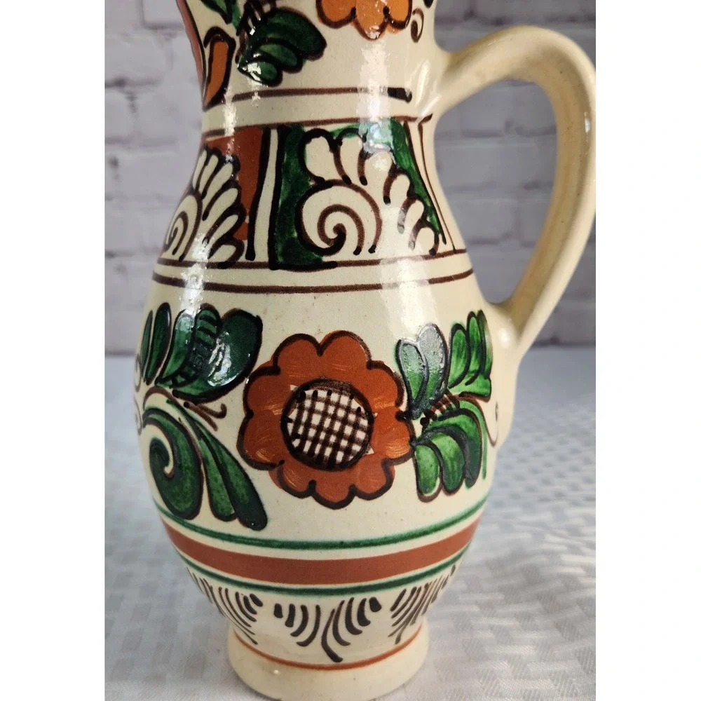Vintage Mathe Denes Art Pottery Vase Jug Floral Hand Painted Romanian